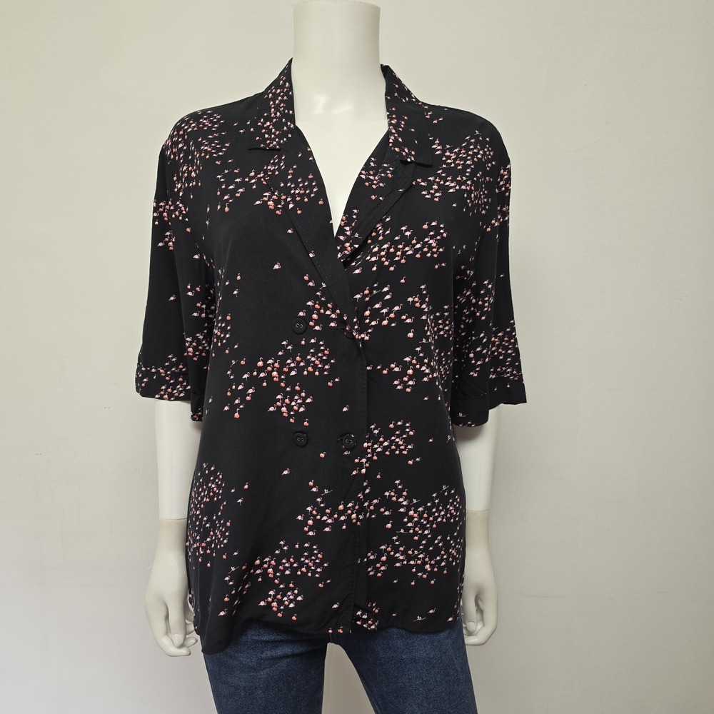 Ines De La Fressange Uniqlo Shirt Size S All Over Flamingo Bird Print Button Up